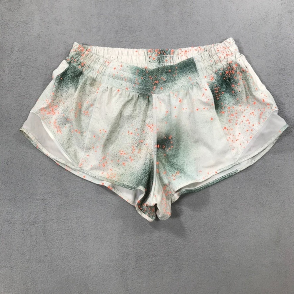 Lululemon Hotty Hot LR Short 2.5 Lined Reflective Green Orange Splatter Print 10